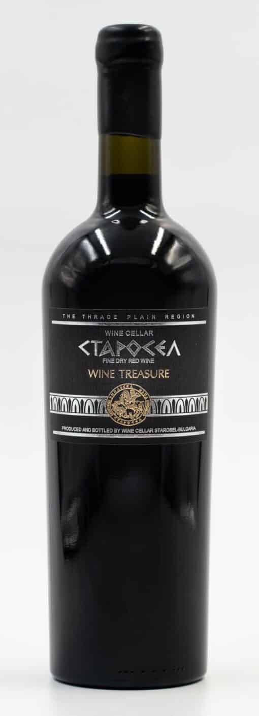Detailní pohled na lahev bulharského vína Starosel Wine Treasure 2017 zepředu – luxusní etiketa a rubínové odstíny