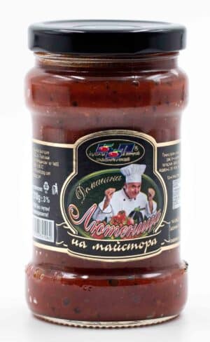 BBP Domácí ljutenica hrubě mletá – tradiční bulharská pomazánka ve sklenici, pohled zepředu